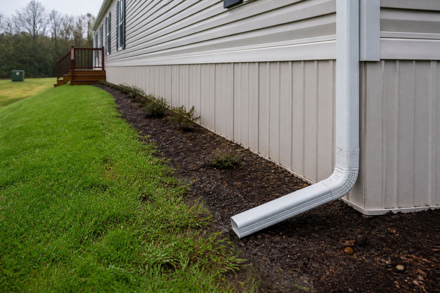 Downspout and drainage area beside manufactured home skirting