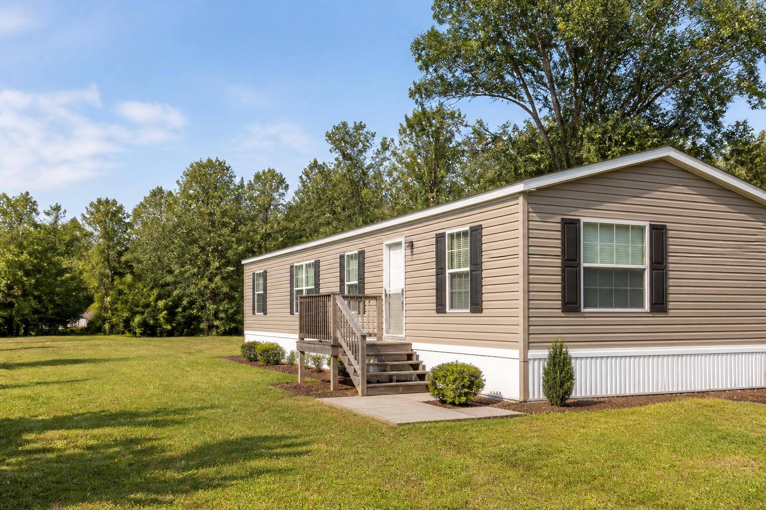 Manufactured home exterior with skirting on a residential lot