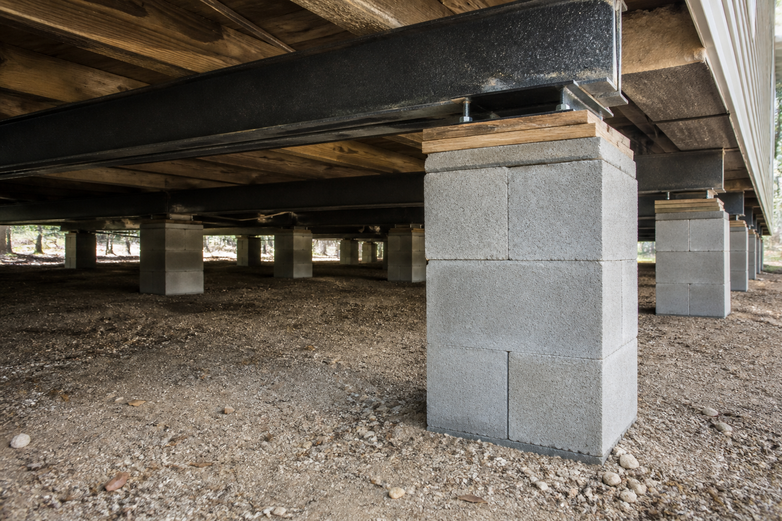 Concrete block piers and frame support under a manufactured home